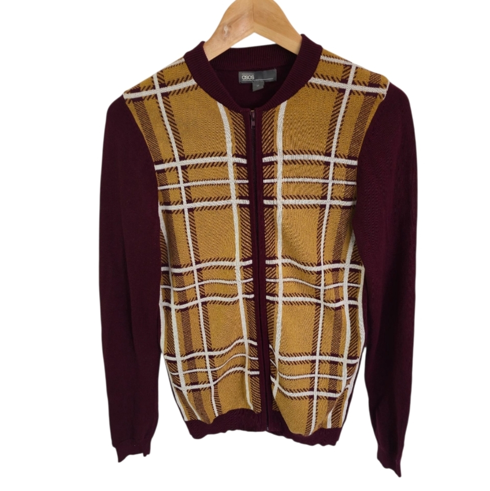 ASOS Sweater Cardigan Full Zip Plaid Burgundy Mustard Size XS